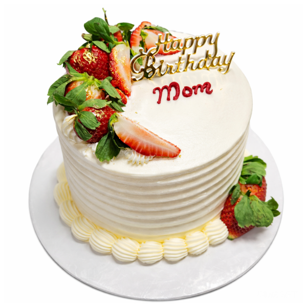 Birthday cake with strawberries and 'Happy Birthday Mom' text on a white background
