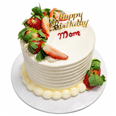 Birthday cake with strawberries and 'Happy Birthday Mom' text on a white background